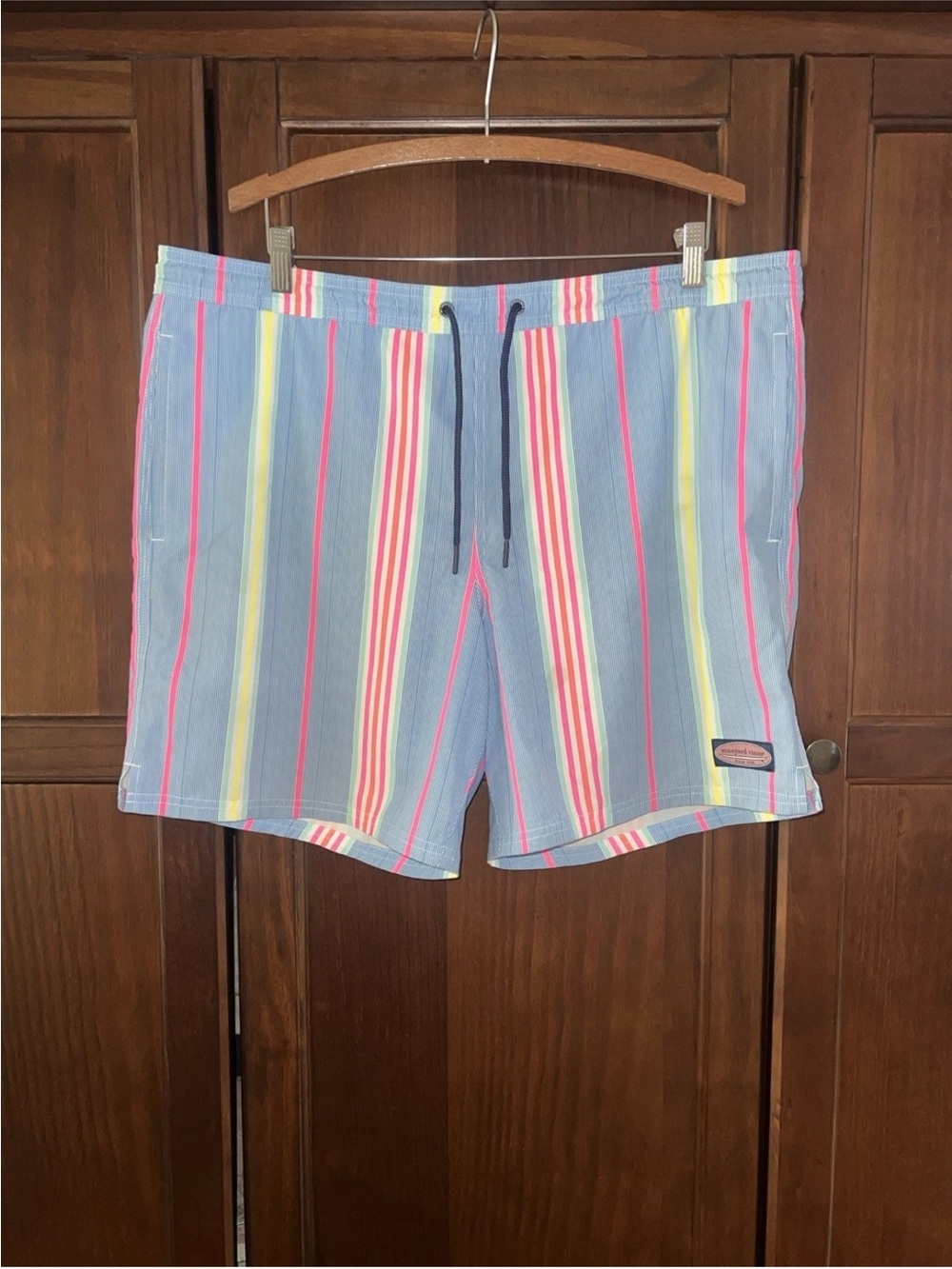 Vineyard Vines Chappy Swim Trunks L Blue Pink Deck Stripe Performance Stretch